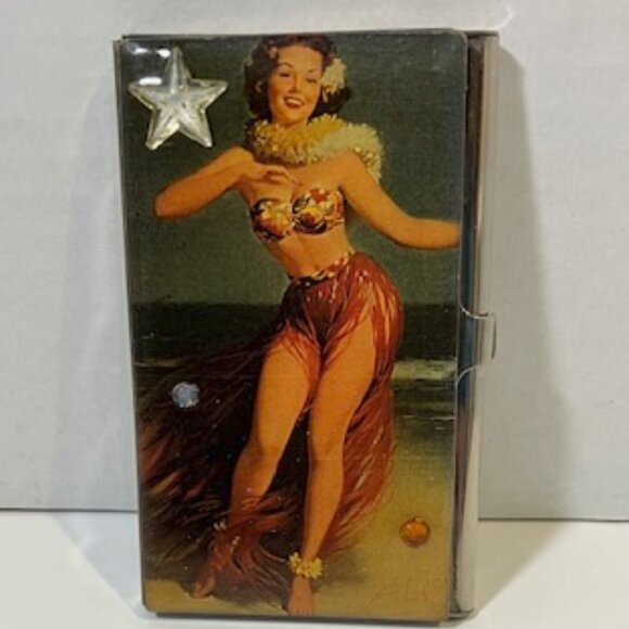 Vintage Silver Toned Cigarette Case w/ Pin Up Hula Girl Picture on Front - Picture 1 of 10